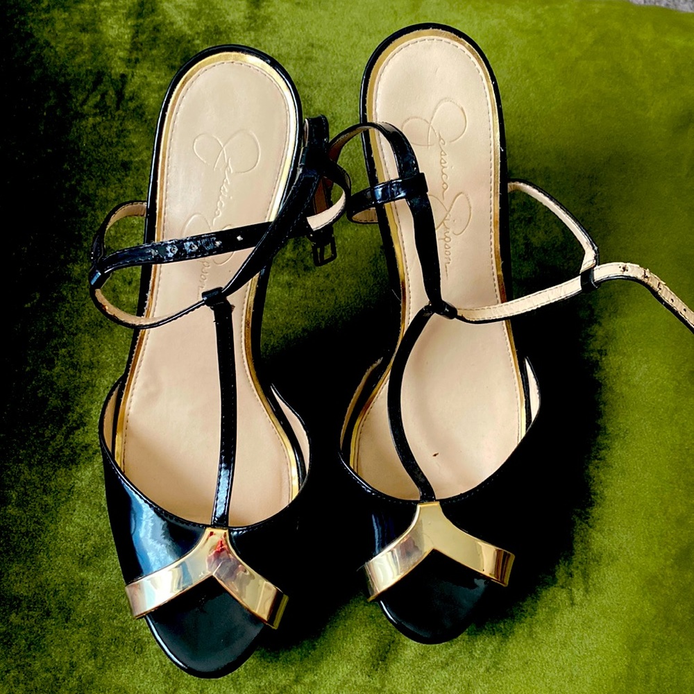 COPY - Jessica Simpson black and metallic gold platforms